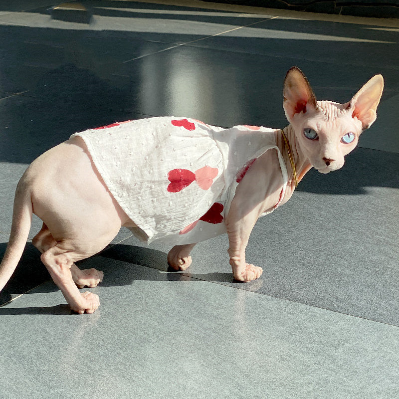 HKM-7416893 Red Peach Heart Skirt Dress for Cats - Stylish Cotton Pet Apparel