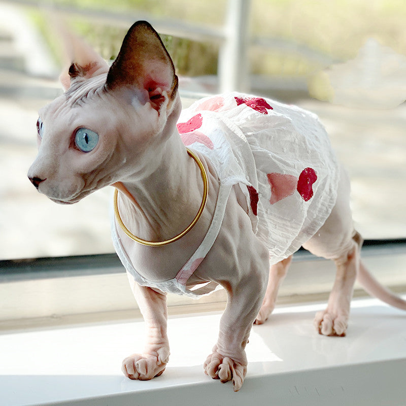 HKM-7416893 Red Peach Heart Skirt Dress for Cats - Stylish Cotton Pet Apparel