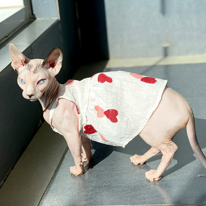 HKM-7416893 Red Peach Heart Skirt Dress for Cats - Stylish Cotton Pet Apparel