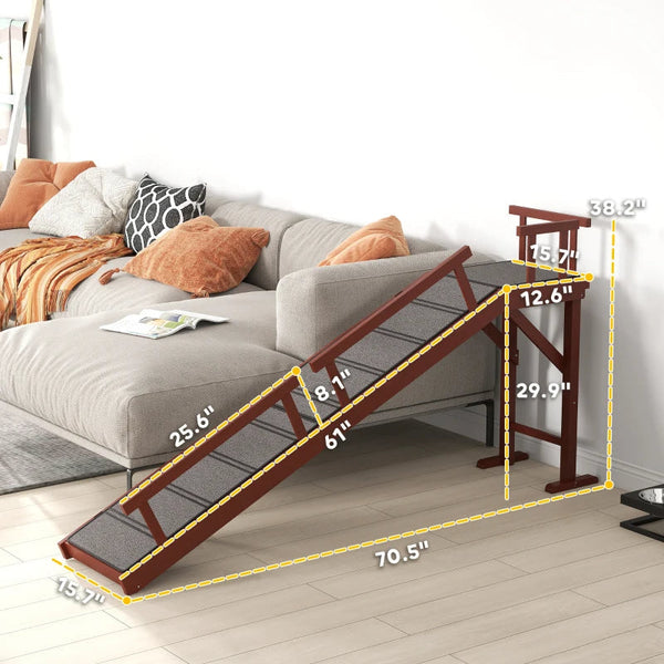HKM-7417789 Wooden Pet Ramp with Removable Guardrails and Non-Slip Surface for Easy Access to Furniture