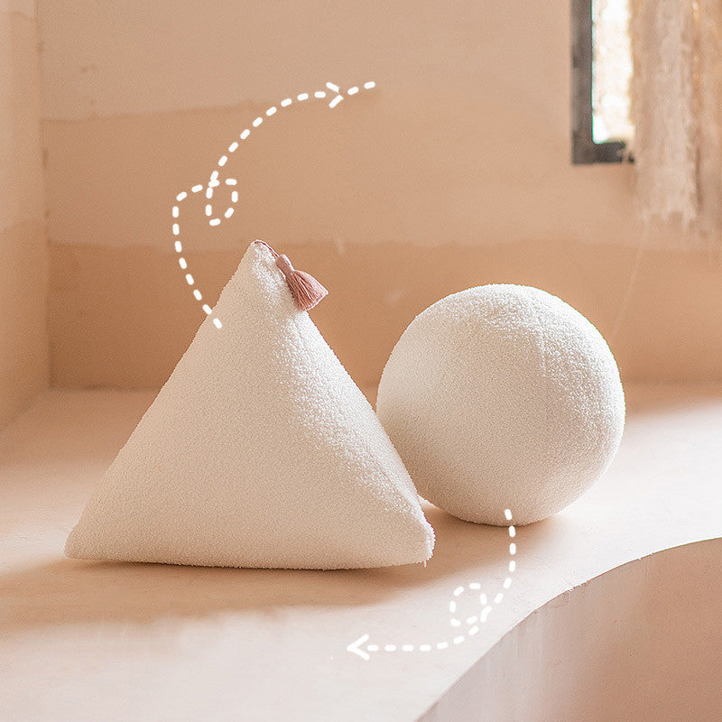 HKM-742099 Nordic Style Triangle White Ball Plush Pillow Cushion for Bedside and Sofa Decor