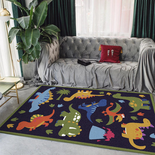 HKM-742163 Cute Forest Dinosaur Decorative Carpet in Dark Blue with Green Edges, Polyester Fiber, Multiple Sizes Available