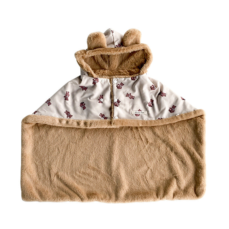 HKM-7422653 Warm Dehaired Angora Printed Cloak and Blanket for Pets - Sizes S, M, L Available in Beige Bear and Blue Cow
