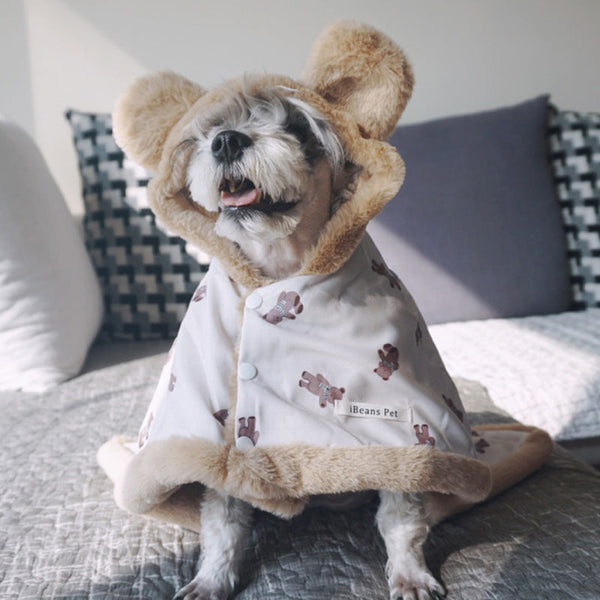 HKM-7422653 Warm Dehaired Angora Printed Cloak and Blanket for Pets - Sizes S, M, L Available in Beige Bear and Blue Cow