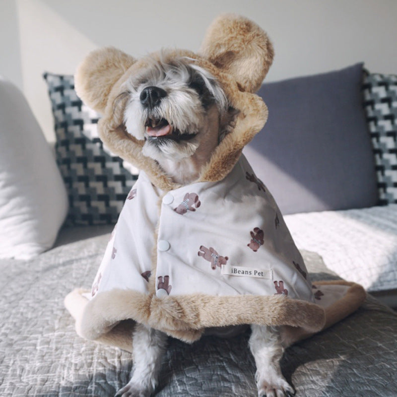 HKM-7422653 Warm Dehaired Angora Printed Cloak and Blanket for Pets - Sizes S, M, L Available in Beige Bear and Blue Cow