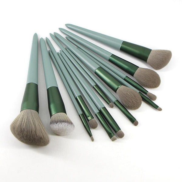 HKM-742483 Green Wooden Handle Quick-Drying Soft Fur Makeup Brush Set - 13-Piece with Storage Bag