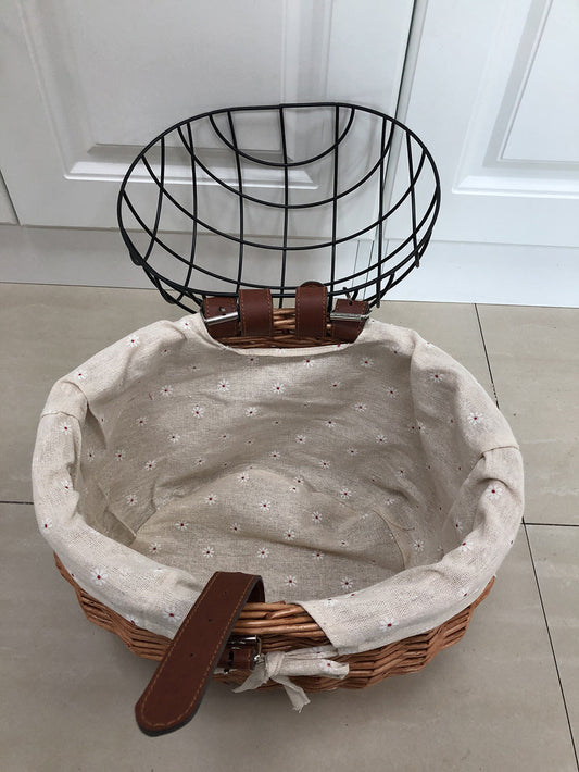 HKM-7431869 Handmade Willow Pet Bicycle Basket with Iron Frame - 30x25x30cm, Includes Belt