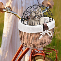 HKM-7431869 Handmade Willow Pet Bicycle Basket with Iron Frame - 30x25x30cm, Includes Belt