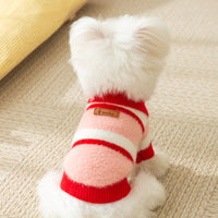 HKM-7432381 Polo Collar Pet Cardigan for Small Dogs - Warm Knit Sweater in Pink and Blue-Brown Stripes