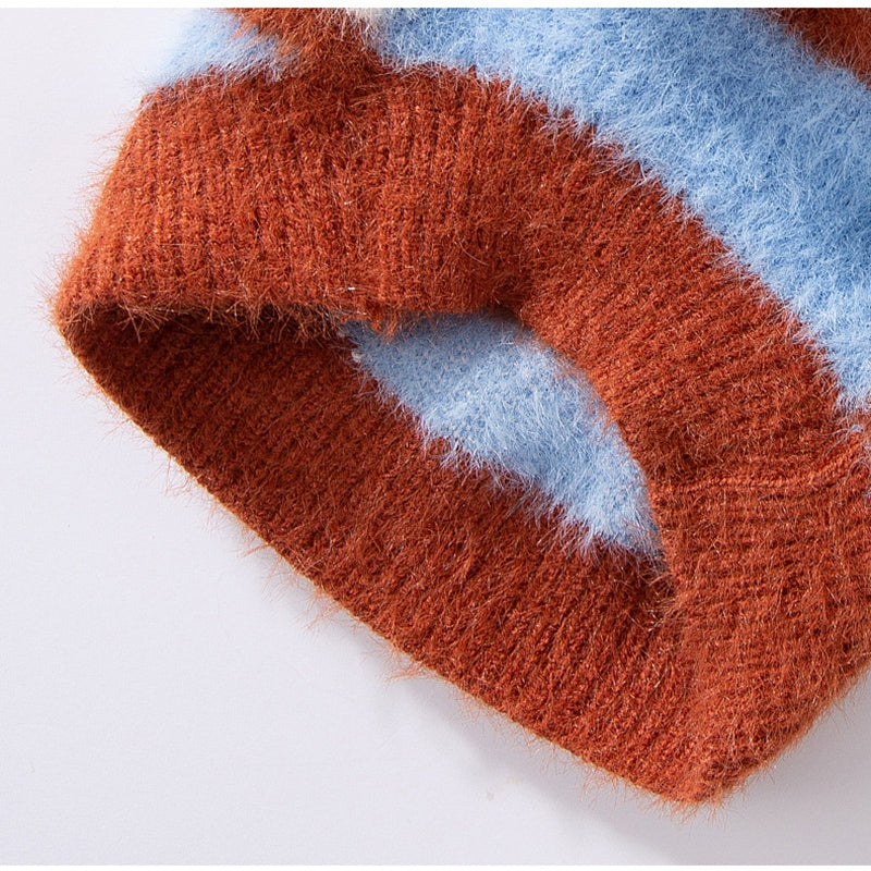 HKM-7432381 Polo Collar Pet Cardigan for Small Dogs - Warm Knit Sweater in Pink and Blue-Brown Stripes