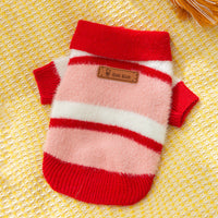 HKM-7432381 Polo Collar Pet Cardigan for Small Dogs - Warm Knit Sweater in Pink and Blue-Brown Stripes