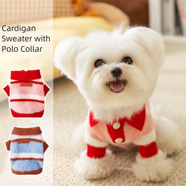 HKM-7432381 Polo Collar Pet Cardigan for Small Dogs - Warm Knit Sweater in Pink and Blue-Brown Stripes