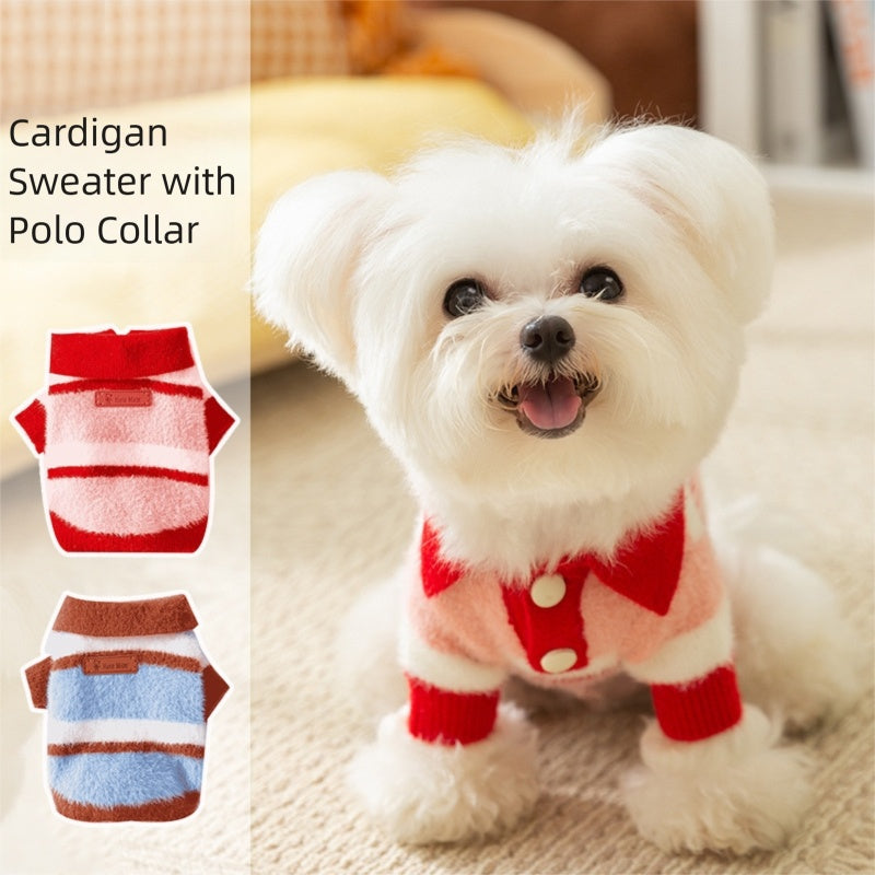 HKM-7432381 Polo Collar Pet Cardigan for Small Dogs - Warm Knit Sweater in Pink and Blue-Brown Stripes