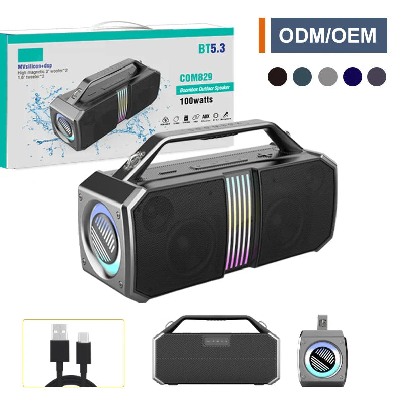 HKM-743251 100W Wireless Portable Bluetooth Speaker with Subwoofer and IPX6 Waterproof Design