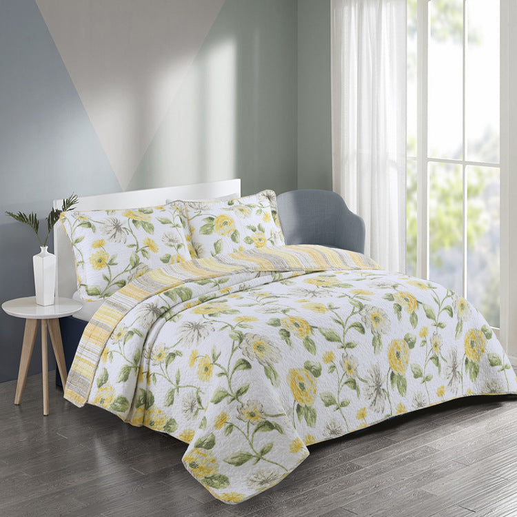 HKM-743251 European Handmade Three-Piece Floral Bed Cover Set - 230x250cm Pure Cotton Summer Blanket with Pillowcases
