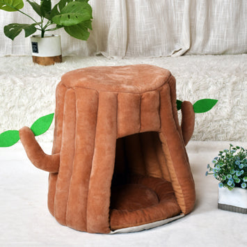 HKM-7435069 Cozy Tree-Shaped Cat Nest Made of Cotton and Plush for Play and Rest, Brown