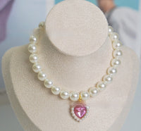 HKM-7435581 Charming Love Gem Cat Collar with Pearl Necklace - Available in Various Colors and Sizes