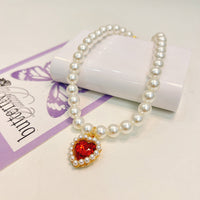 HKM-7435581 Charming Love Gem Cat Collar with Pearl Necklace - Available in Various Colors and Sizes