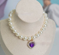 HKM-7435581 Charming Love Gem Cat Collar with Pearl Necklace - Available in Various Colors and Sizes