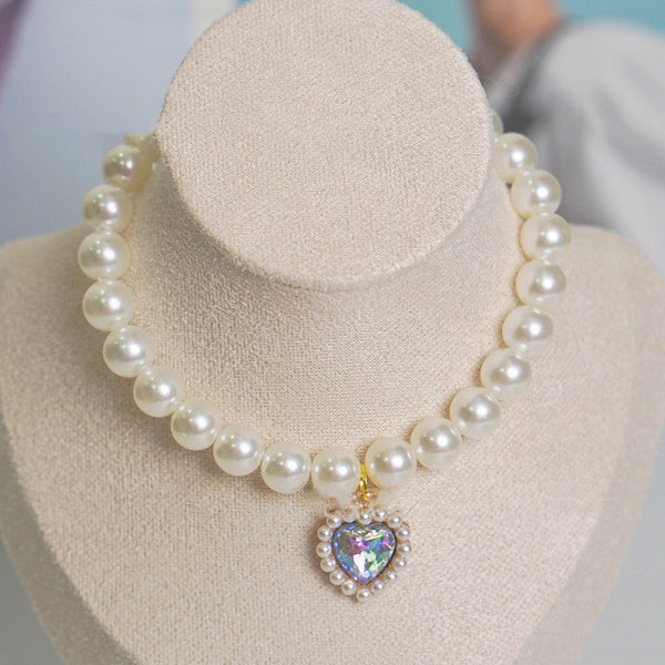 HKM-7435581 Charming Love Gem Cat Collar with Pearl Necklace - Available in Various Colors and Sizes