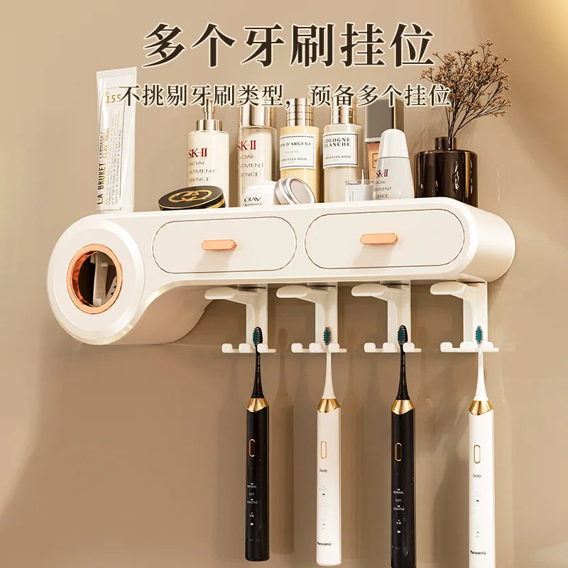 HKM-743827 Automatic Wall-Mounted Toothpaste Dispenser and Toothbrush Holder in Durable Silicone PS Material for Bathroom Use