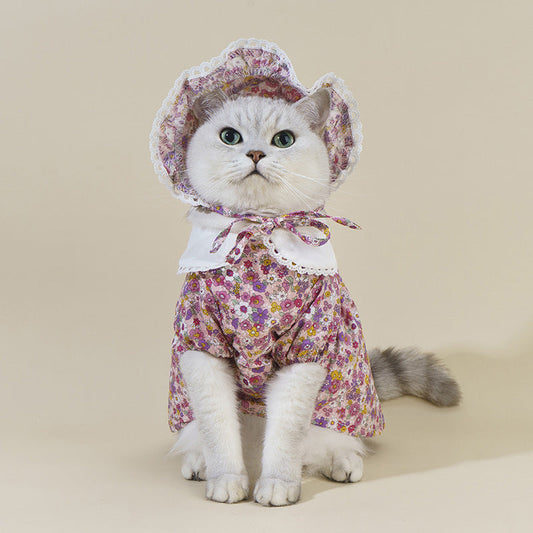 HKM-7439933 Floral Lace Cat Costume Dress with French Floral Hat for Pets
