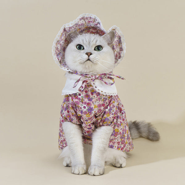 HKM-7439933 Floral Lace Cat Costume Dress with French Floral Hat for Pets