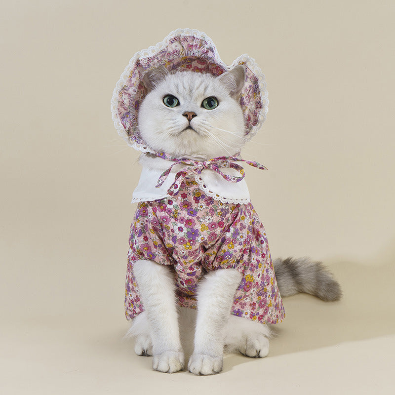 HKM-7439933 Floral Lace Cat Costume Dress with French Floral Hat for Pets