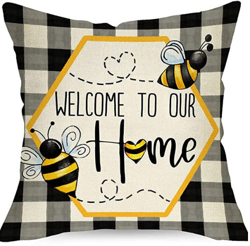 HKM-744083 Bee Festival Sunflower Linen Pillow Cover - Nordic Style 45x45cm Cushion Cover in Multiple Colors