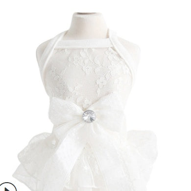 HKM-7440957 Summer Small Pet Lace Wedding Dress with Bow Decoration - Comfortable Cotton Skirt for Pets, Available in Multiple Sizes