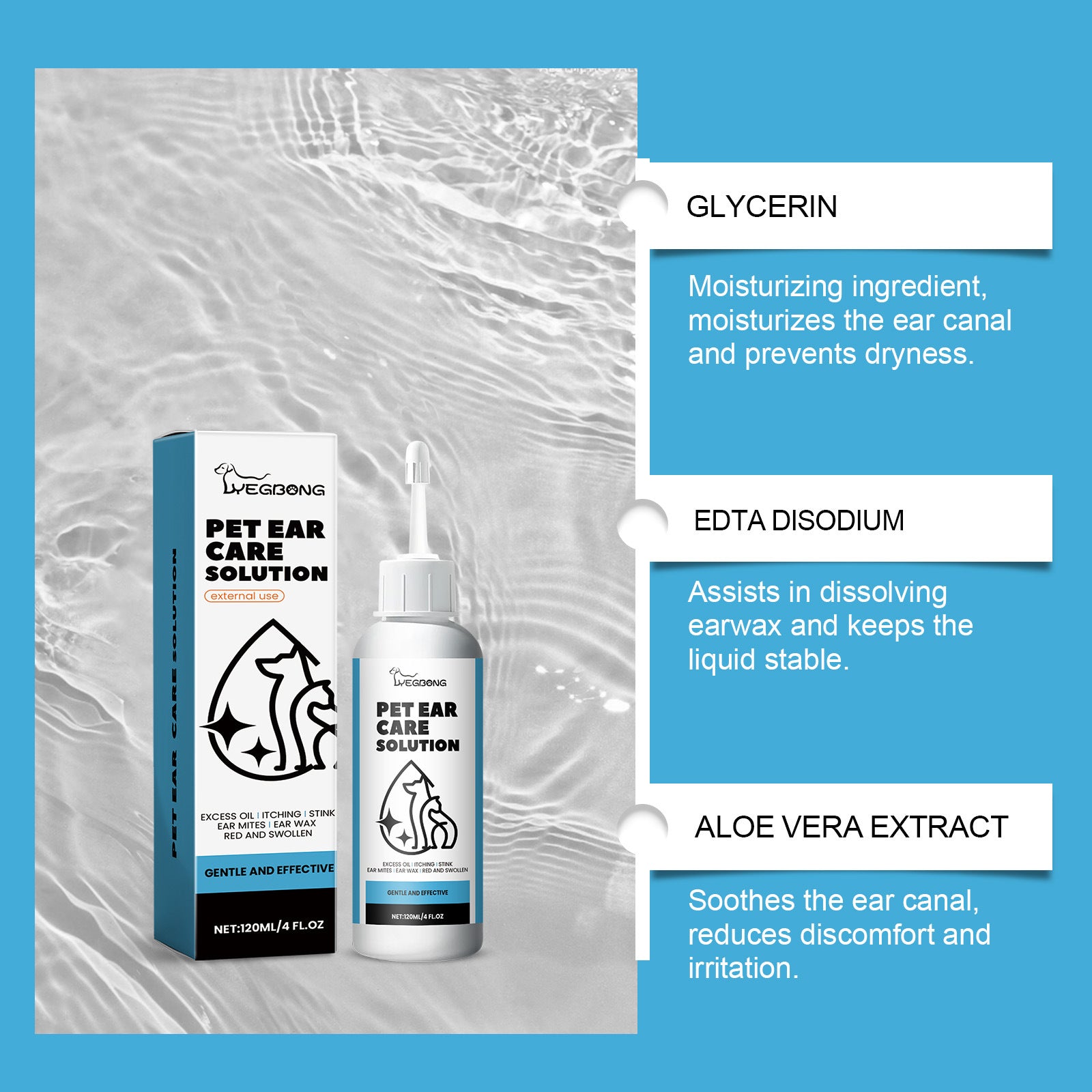 HKM-7441213 Gentle Ear Cleaning Solution for Cats and Dogs ¨C 120ML Ear Wash with Aloe and Jojoba Oil