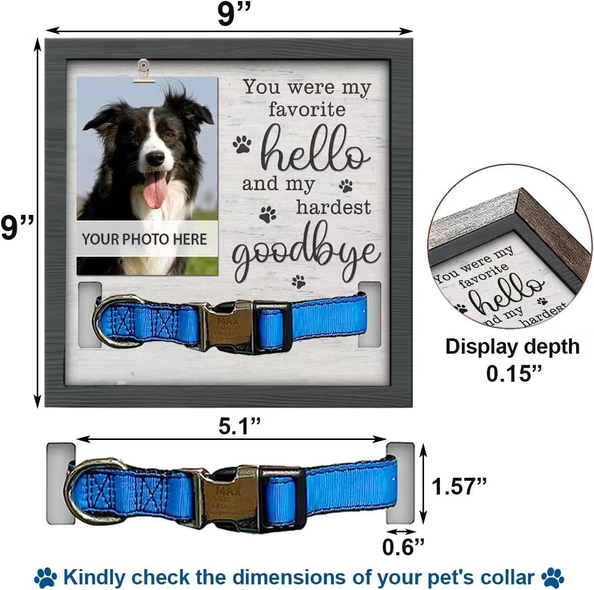 HKM-7441341 Wooden Pet Commemorative Plaque with Dog Collar Photo Frame in Modern Style