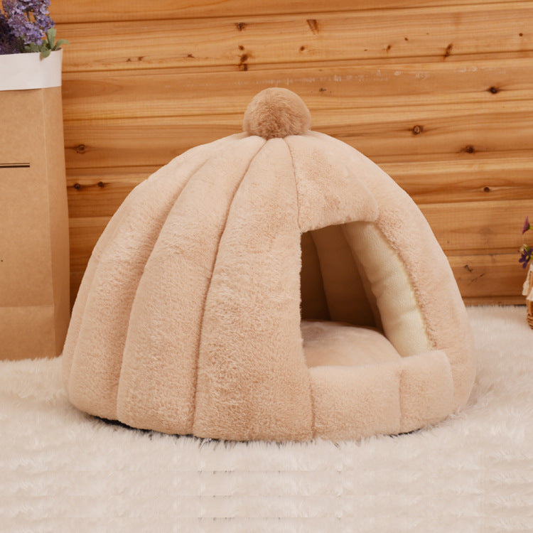 HKM-7443389 Cozy Plush Cat and Dog House with Washable Pumpkin Bag Design