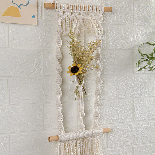 HKM-744339 Hand-Woven Cotton Rope Wall Tapestry with Dried Flower Decoration - Rectangle, European Style (20x45cm)