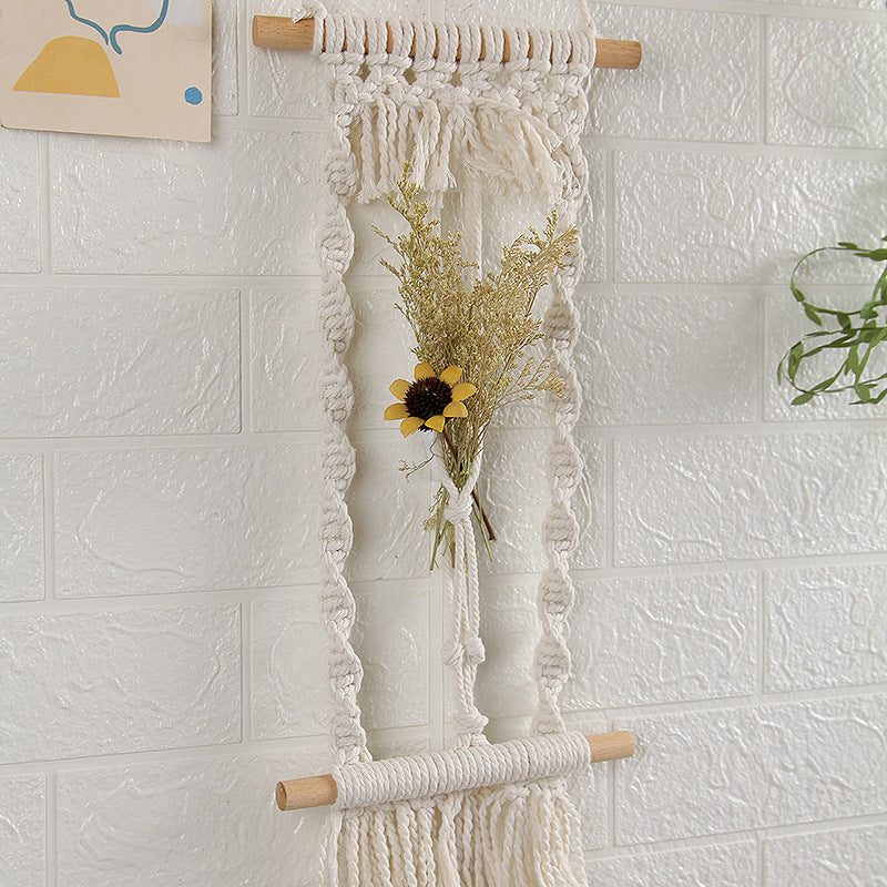 HKM-744339 Hand-Woven Cotton Rope Wall Tapestry with Dried Flower Decoration - Rectangle, European Style (20x45cm)