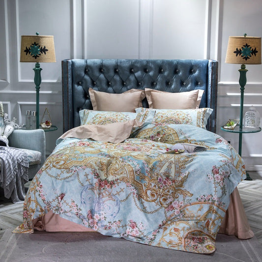 HKM-744403 Cotton Long-staple Satin Four-piece Bedding Set with Floral Patterns