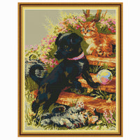 HKM-744403 Little Black Dog and Kitten 11CT Embroidery Kit - White Cloth, Multiple Thread Options