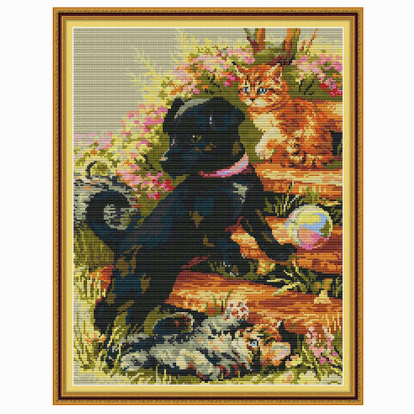 HKM-744403 Little Black Dog and Kitten 11CT Embroidery Kit - White Cloth, Multiple Thread Options