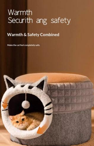 HKM-7449149 Enclosed Cat Bed with Winter Blanket - Warm Safe Hideaway for Cats of All Sizes