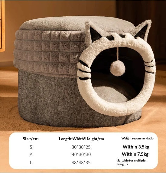 HKM-7449149 Enclosed Cat Bed with Winter Blanket - Warm Safe Hideaway for Cats of All Sizes