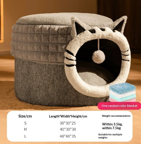HKM-7449149 Enclosed Cat Bed with Winter Blanket - Warm Safe Hideaway for Cats of All Sizes