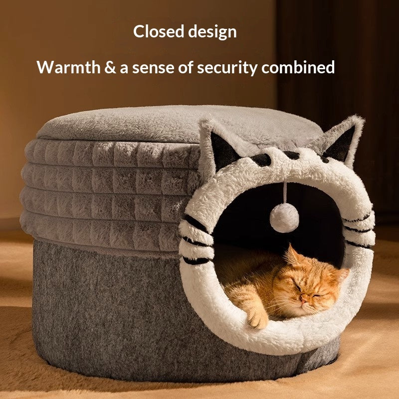 HKM-7449149 Enclosed Cat Bed with Winter Blanket - Warm Safe Hideaway for Cats of All Sizes
