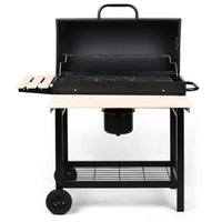 HKM-744915 Trolley Outdoor Charcoal Smoker Barrel BBQ Grill, Steel Construction, 95.5x63x105cm