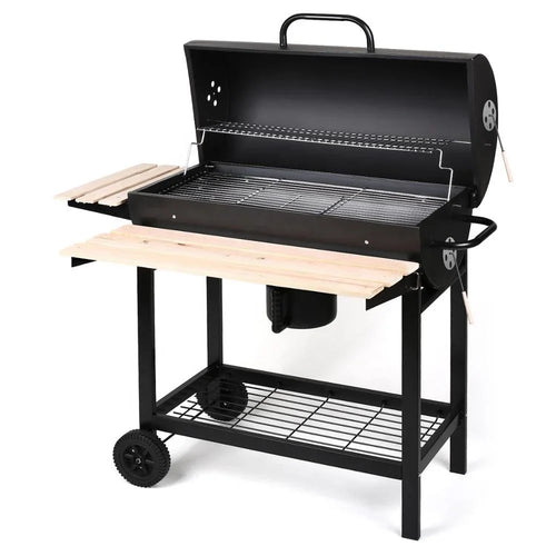 HKM-744915 Trolley Outdoor Charcoal Smoker Barrel BBQ Grill, Steel Construction, 95.5x63x105cm