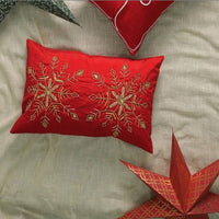 HKM-745363 Elegant Polyester Pillow with Snowflake Beadwork and Christmas Embroidery, 24x16 inches