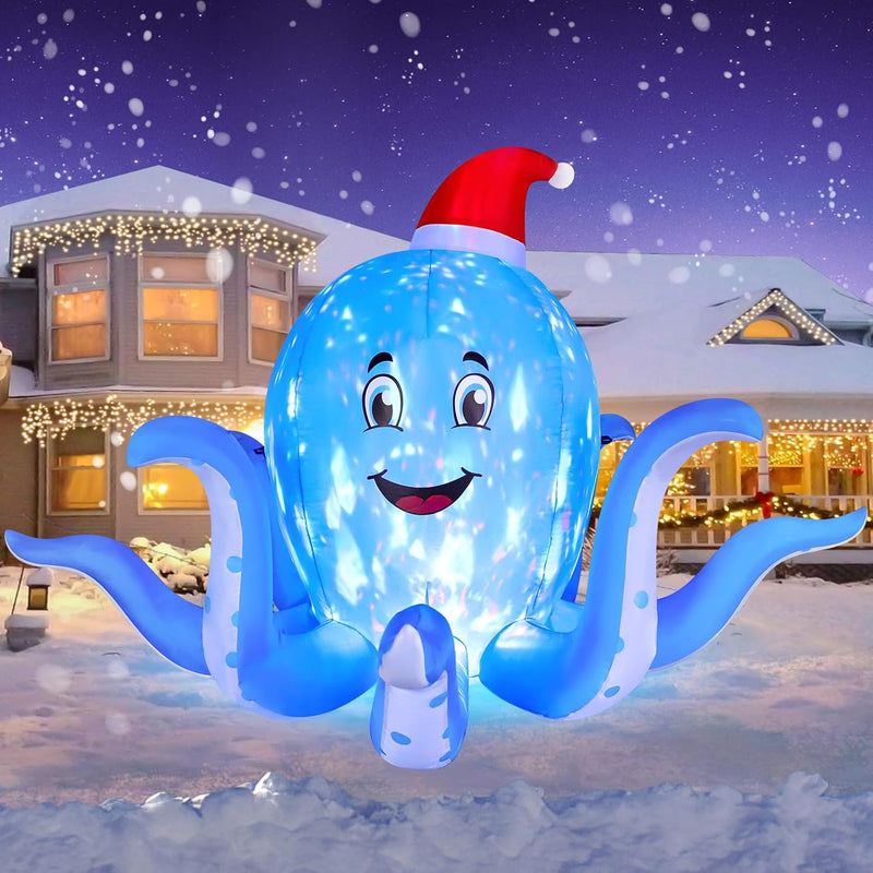 HKM-745747 7FT Inflatable Christmas Octopus with Rotating LED Light for Yard and Indoor Holiday Decor