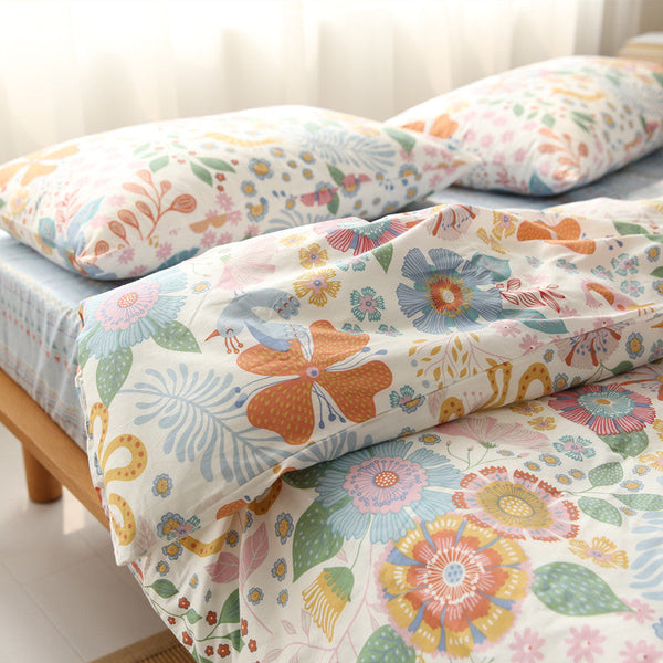 HKM-745875 Four-Piece Cotton Twill Bed Sheet Set with Duvet Cover and Pillowcases in Floral Pattern