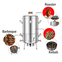 HKM-746067 304 Stainless Steel Portable Charcoal BBQ Grill and Chicken Roaster, 3-in-1 Multi-functional Design, Detachable Accessories