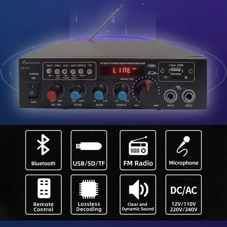 HKM-746067 Bluetooth Power Amplifier for 12V Car and Home Audio Systems with Digital Stereo Receivers and MIC Support