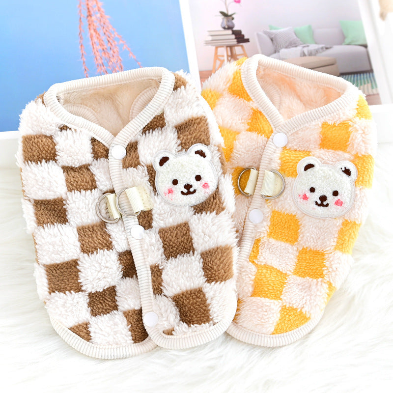 HKM-746131 Cozy Velvet Thermal Vest for Dogs in Checkerboard Pattern - Blue, Yellow, Brown, Sizes S-XXL